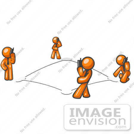 #34246 Clip Art Graphic of Orange Guy Characters Standing On Bases In A Square And Chatting To Eachother On Mobile Cell Phones by Jester Arts