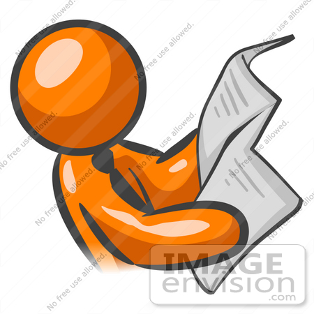 #34252 Clip Art Graphic of an Orange Guy Character Wearing A Business Tie And Reading The Morning Newspaper Before The Work Day by Jester Arts