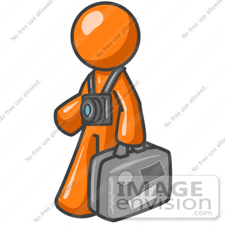 #34256 Clip Art Graphic of an Orange Guy Character Touring A Destination, Wearing A Camera On A Strap And Carrying Luggage by Jester Arts