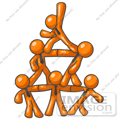 #34260 Clip Art Graphic of Orange Guy Characters Wearing Business Ties, Standing On Top Of Eachother In The Form Of A Pyramid by Jester Arts
