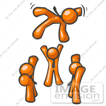 #34261 Clip Art Graphic of Orange Guy Characters Tossing Their Team Mate High Into The Air While Celebrating by Jester Arts