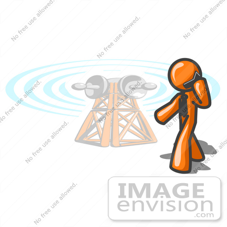 #34263 Clip Art Graphic of an Orange Guy Character Walking Past A Communications Tower And Talking On A Cellular Telephone by Jester Arts