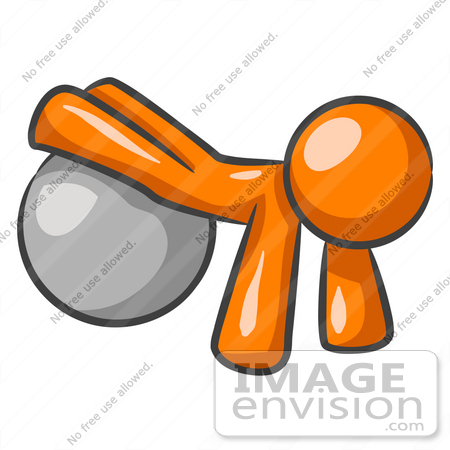 #34265 Clip Art Graphic of an Orange Guy Character Doing Pushups With His Legs Propped Up On A Yoga Fitness Ball by Jester Arts