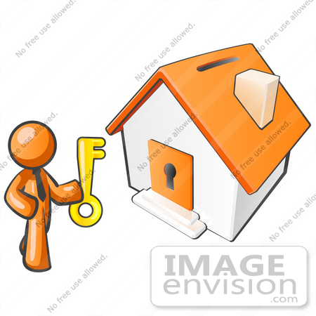 #34266 Clip Art Graphic of an Orange Guy Character Holding A Golden Key And Standing By A Home by Jester Arts