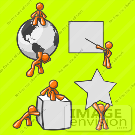 #34268 Clip Art Graphic of an Orange Guy Character Collection With A Globe, Presentation, Cube And Star by Jester Arts