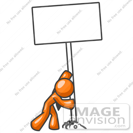 #34269 Clip Art Graphic of an Orange Guy Character Putting A Post And Blank Sign Into The Ground by Jester Arts
