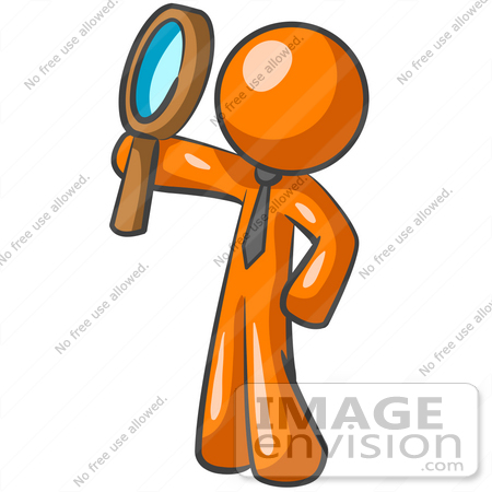 #34272 Clip Art Graphic of an Orange Guy Character In A Business Tie, Holding Up A Magnifying Glass by Jester Arts