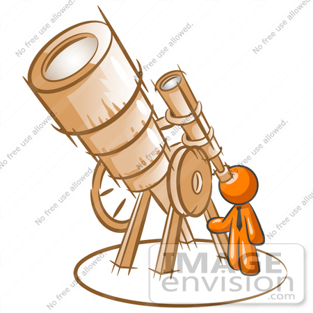 #34276 Clip Art Graphic of an Orange Guy Character Astronomer Peering Through The Lens Of A Giant Telescope by Jester Arts