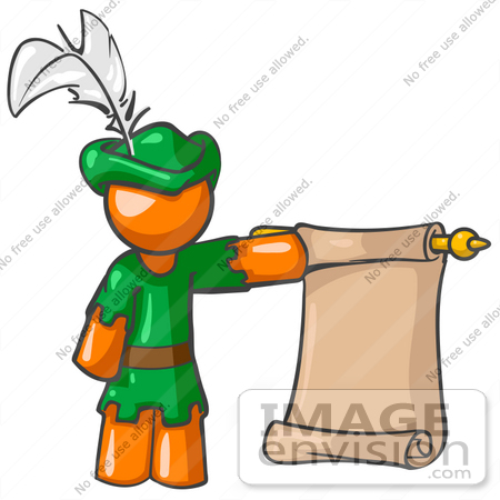 #34277 Clip Art Graphic of an Orange Guy Character In A Robin Hood Costume, Holding A Scrolled Parchment by Jester Arts