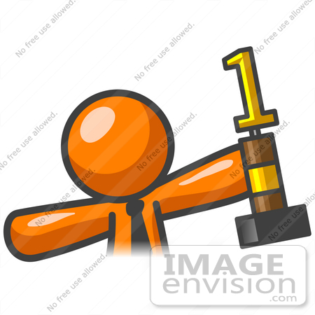 #34278 Clip Art Graphic of an Orange Guy Character In A Business Tie, Holding A First Place Trophy by Jester Arts
