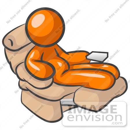 #34280 Clip Art Graphic of an Orange Guy Character Being Lazy In A Reclining Chair With A Chubby Belly by Jester Arts