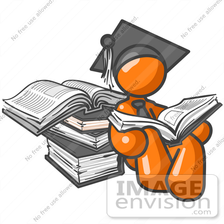 #34281 Clip Art Graphic of an Orange Guy Character In A Graduation Cap, Reading Books by Jester Arts