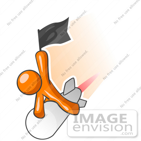 #34282 Clip Art Graphic of an Orange Guy Character Waving A Flag And Flying Past On A Fast Rocket by Jester Arts