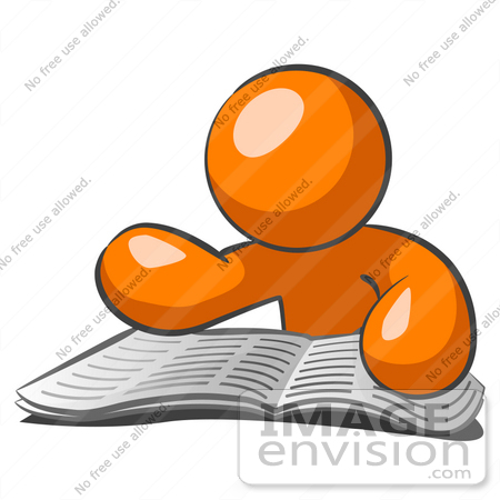 #34283 Clip Art Graphic of an Orange Guy Character Reading Through Articles And Classifieds In The Newspaper by Jester Arts