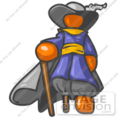 #34285 Clip Art Graphic of an Orange Guy Pirate Character With A Peg Leg, Leaning Against A Cane by Jester Arts