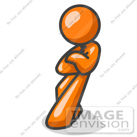 #34288 Clip Art Graphic of an Orange Guy Character Slumped And Leaning Heavily Against A Wall While Thinking by Jester Arts