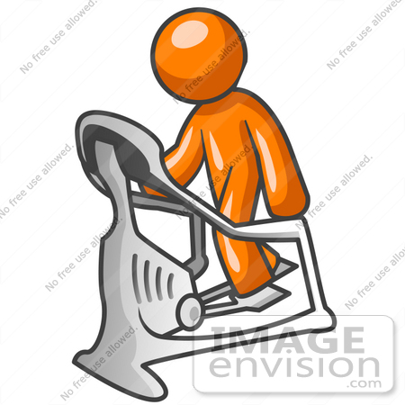 #34302 Clip Art Graphic of an Orange Guy Character Working Out On A Stair Climber In A Fitness Gym by Jester Arts