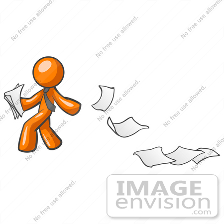 #34304 Clip Art Graphic of an Orange Guy Character Looking Back As Papers Fly Away In The Breeze by Jester Arts