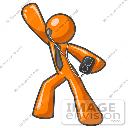 #34305 Clip Art Graphic of an Orange Guy Character Dancing And Listenting To Tunes On An Mp3 Player by Jester Arts