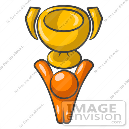 #34306 Clip Art Graphic of an Orange Guy Character Displaying A Golden Trophy Cup Above His Head by Jester Arts