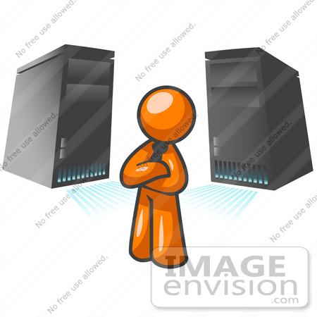 #34323 Clip Art Graphic of an Orange Guy Character Standing In Front Of Powerful Computer Serer Towers by Jester Arts