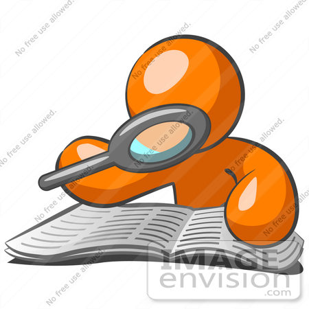 #34329 Clip Art Graphic of an Orange Guy Character Reading Through A Book With A Magnifying Glass by Jester Arts