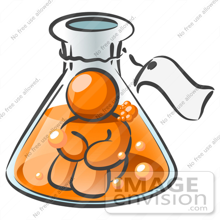 #34333 Clip Art Graphic of an Orange Guy Character Sitting In Bubbly Liquid, Trapped Inside A Beaker In A Science Lab by Jester Arts