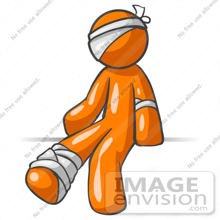 #34334 Clip Art Graphic of an Orange Guy Character Injured And Bandaged On The Head, Elbow And Ankle by Jester Arts