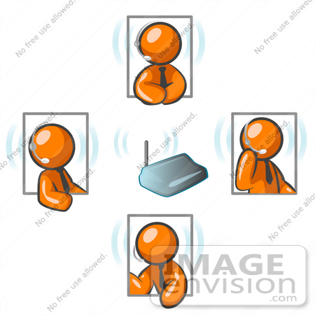 #34336 Clip Art Graphic of Orange Guy Characters Holding A Wireless Meeting And Wearing Headsets by Jester Arts