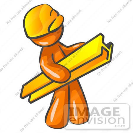 #34341 Clip Art Graphic of an Orange Guy Character Carrying A Beam Through A Construction Site by Jester Arts