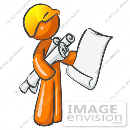 #34342 Clip Art Graphic of an Orange Guy Character Holding Architectural Design Blueprints And Scrolls by Jester Arts