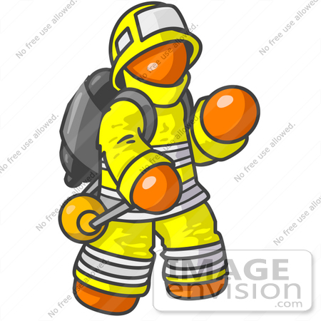 #34343 Clip Art Graphic of an Orange Guy Character Fireman In A Yellow Safety Suit, Waving by Jester Arts