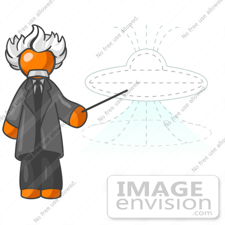 #34347 Clip Art Graphic of an Orange Guy Albert Einstein Character Pointing To A Drawing Of A UFO by Jester Arts