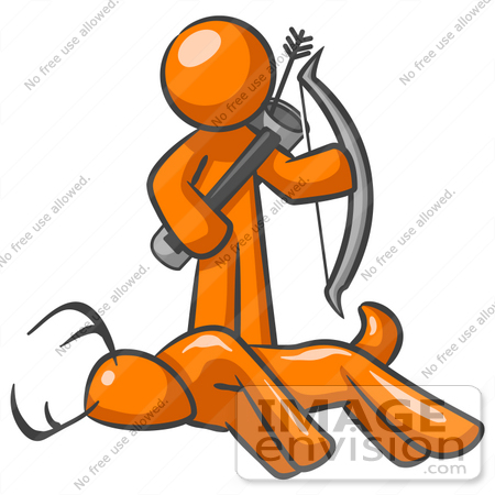 #34348 Clip Art Graphic of an Orange Guy Character Holding A Bow And Arrow And Standing By A Dead Deer While Hunting by Jester Arts