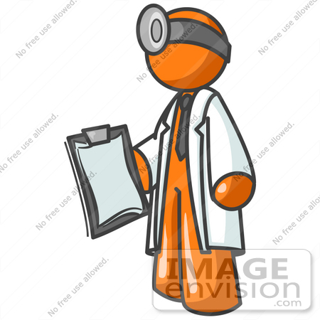 #34349 Clip Art Graphic of an Orange Guy Character Doctor In A Lab Coat, Holding A Clipboard With A Patient’s Charts by Jester Arts