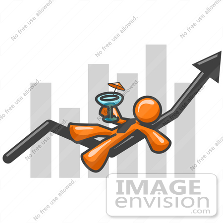 #34350 Clip Art Graphic of an Orange Guy Character Drinking A Cocktail And Reclining On An Arrow Over A Bar Graph by Jester Arts