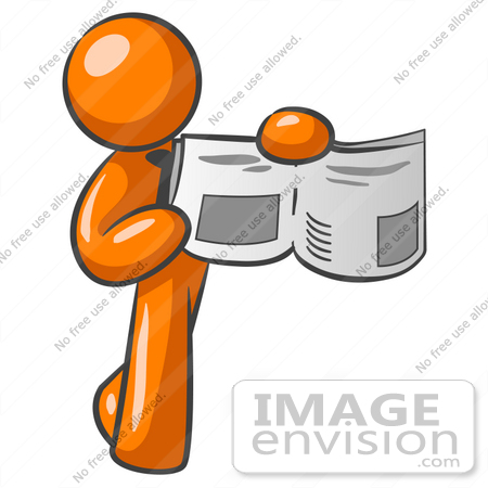 #34352 Clip Art Graphic of an Orange Guy Character Holding And Pointing To A Story And Photo In The News by Jester Arts