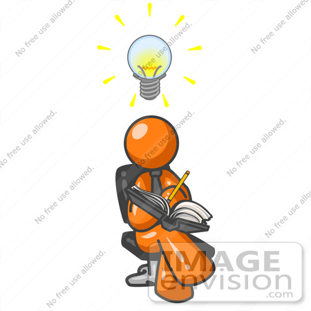 #34366 Clip Art Graphic of an Orange Guy Character Writing Down Inventions And Ideas In A Book by Jester Arts