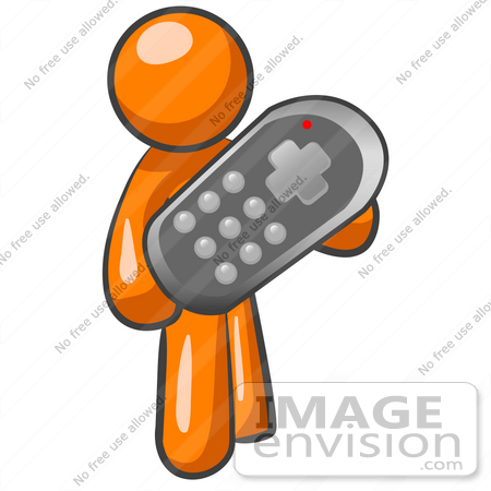 #34367 Clip Art Graphic of an Orange Guy Character Holding An Oversized Remote Control by Jester Arts