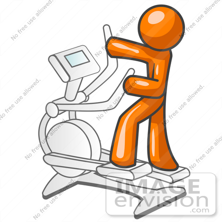#34371 Clip Art Graphic of an Orange Guy Character Getting Exercise On An Eliptical Trainer In A Fitness Gym by Jester Arts
