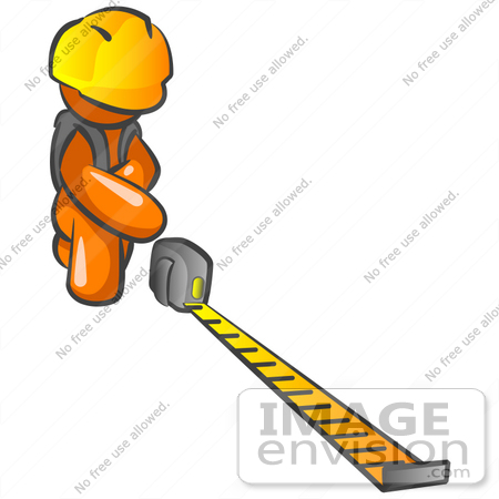 #34385 Clip Art Graphic of an Orange Guy Character Crouching And Reading A Tape Measure by Jester Arts