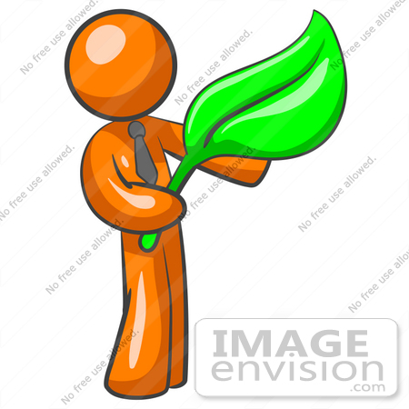 #34386 Clip Art Graphic of an Orange Guy Character In A Business Tie, Holding A Large Green Leaf by Jester Arts