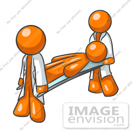#34387 Clip Art Graphic of an Orange Guy Character Being Carried By Paramedics On A Stretcher by Jester Arts