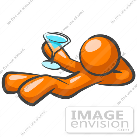 #34389 Clip Art Graphic of an Orange Guy Character Lying Down And Holding Up A Blue Cocktail by Jester Arts