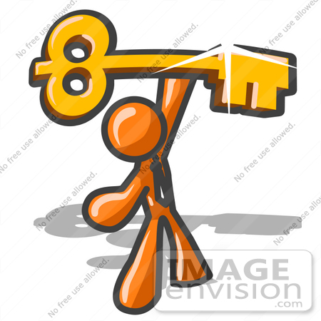 #34391 Clip Art Graphic of an Orange Guy Character Proudly Holding Up A Golden Skeleton Key by Jester Arts