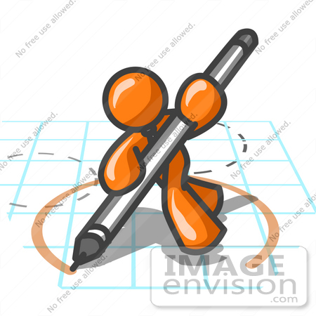 #34393 Clip Art Graphic of an Orange Guy Character Drawing A Circle On Graph Paper by Jester Arts