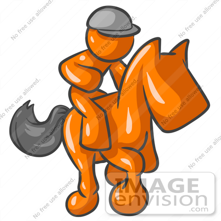 #34394 Clip Art Graphic of an Orange Guy Character Jockey Racing On A Horse by Jester Arts