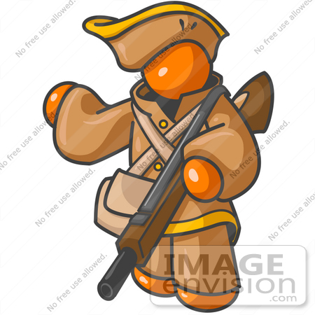 #34396 Clip Art Graphic of an Orange Guy Character In Historical Clothing, Holding A Rifle And Pointing by Jester Arts