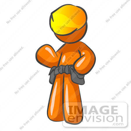 #34406 Clip Art Graphic of an Orange Guy Character Waving And Wearing A Hardhat And Toolbelt by Jester Arts