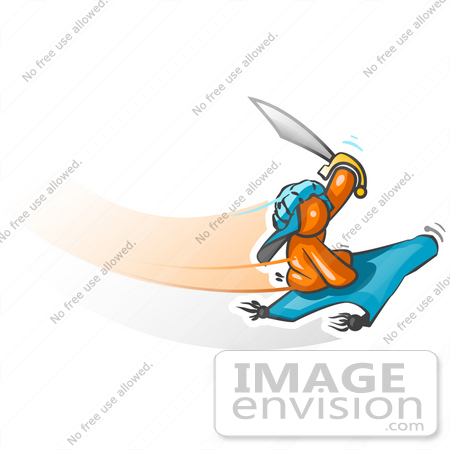 #34408 Clip Art Graphic of an Orange Guy Character Holding Up A Sword And Speeding Past On A Magic Carpet by Jester Arts